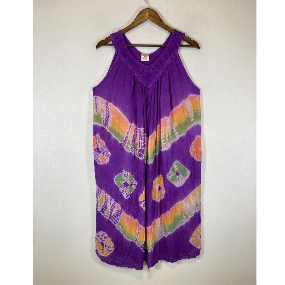 Boho Hippie Belma Women Free Size Purple Tie Dye Embroidered V-Neck Pocket Dress